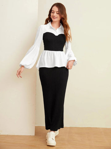 Two Tone Lantern Sleeve Peplum Top Two Tone Lantern Sleeve Peplum Top