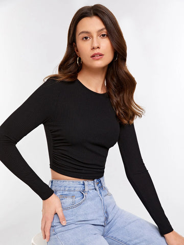 evolu Ruched Rib Knit Crop Tee evolu Ruched Rib Knit Crop Tee