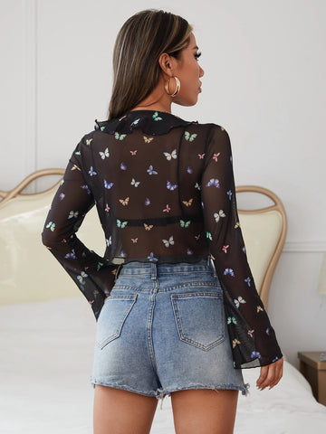 Butterfly Print Ruffle Trim Knot Front Crop Mesh Top Without Bra Butterfly Print Ruffle Trim Knot Front Crop Mesh Top Without Bra