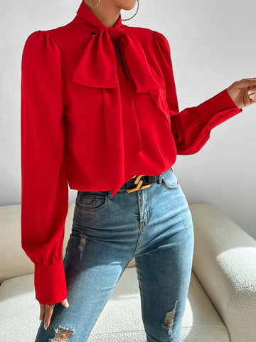 Solid Tie Neck Puff Sleeve Shirt Solid Tie Neck Puff Sleeve Shirt