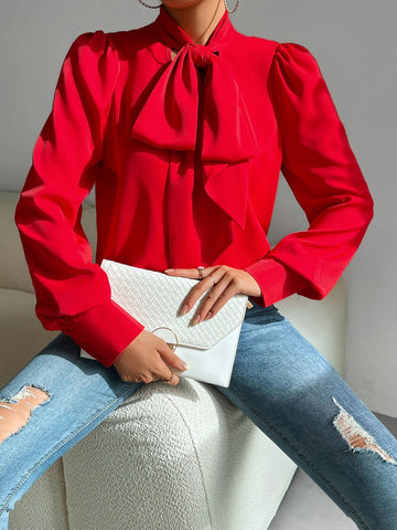 Solid Tie Neck Puff Sleeve Shirt Solid Tie Neck Puff Sleeve Shirt