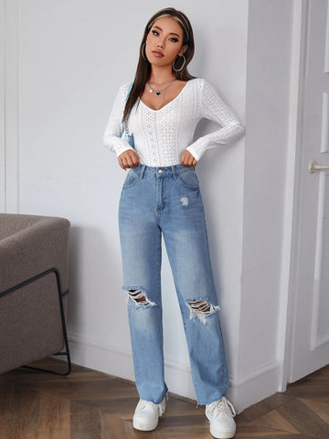 Deep V-neck Pointelle Knit Tee Deep V-neck Pointelle Knit Tee