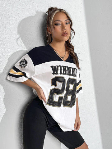 Colorblock & Letter Graphic Drop Shoulder Longline Tee Colorblock & Letter Graphic Drop Shoulder Longline Tee