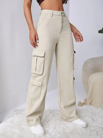 High Waisted Flap Pocket Cargo Jeans High Waisted Flap Pocket Cargo Jeans