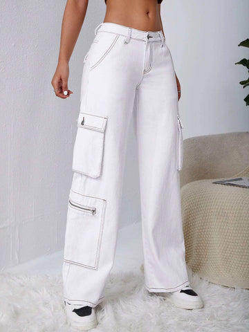 Flap Pocket Side Top-stitching Cargo Jeans Flap Pocket Side Top-stitching Cargo Jeans