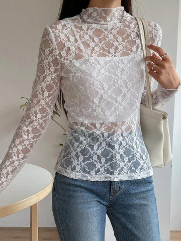 DAZY Mock Neck Lace Top Without Camisole DAZY Mock Neck Lace Top Without Camisole