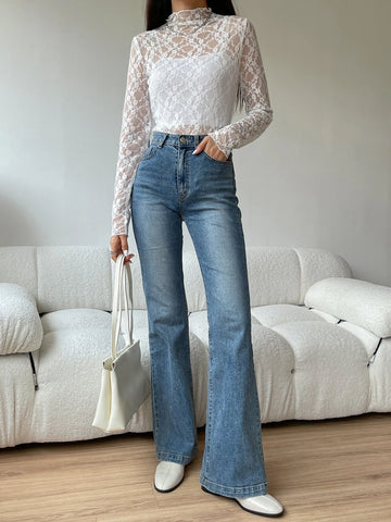 DAZY Mock Neck Lace Top Without Camisole DAZY Mock Neck Lace Top Without Camisole