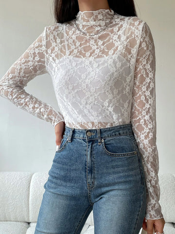 DAZY Mock Neck Lace Top Without Camisole DAZY Mock Neck Lace Top Without Camisole