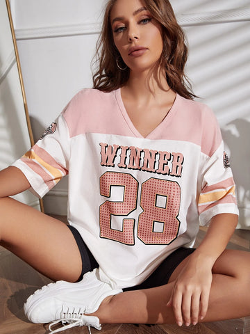 Colorblock & Letter Graphic Drop Shoulder Longline Tee Colorblock & Letter Graphic Drop Shoulder Longline Tee