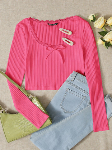 Lace Trim Bow Front Rib-knit Tee Lace Trim Bow Front Rib-knit Tee
