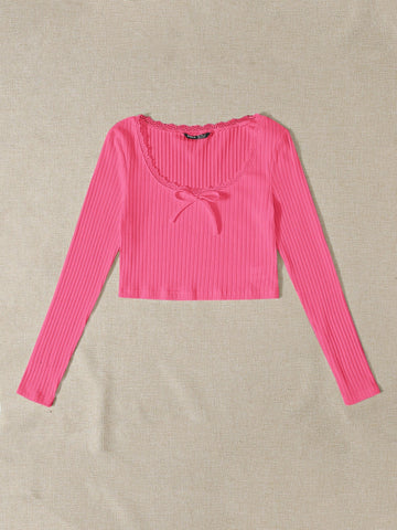 Lace Trim Bow Front Rib-knit Tee Lace Trim Bow Front Rib-knit Tee