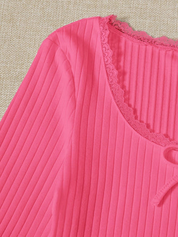 Lace Trim Bow Front Rib-knit Tee Lace Trim Bow Front Rib-knit Tee