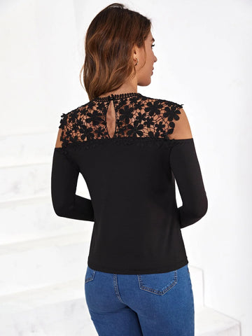 Guipure Lace Insert Cold Shoulder Tee Guipure Lace Insert Cold Shoulder Tee