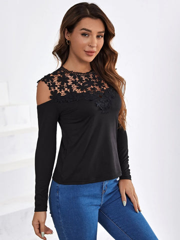 Guipure Lace Insert Cold Shoulder Tee Guipure Lace Insert Cold Shoulder Tee