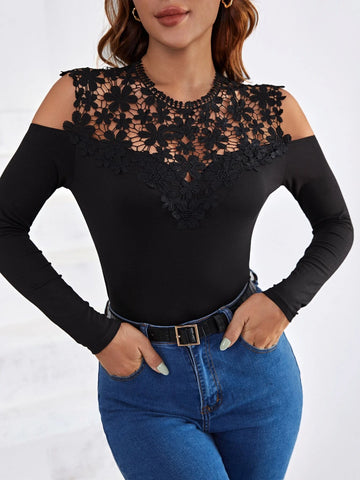 Guipure Lace Insert Cold Shoulder Tee Guipure Lace Insert Cold Shoulder Tee