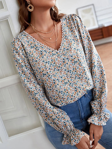 Lace Trim Embroidery Mesh Back Ditsy Floral Blouse Lace Trim Embroidery Mesh Back Ditsy Floral Blouse