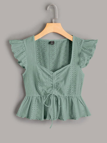 EZwear Butterfly Sleeve Drawstring Peplum Schiffy Blouse EZwear Butterfly Sleeve Drawstring Peplum Schiffy Blouse
