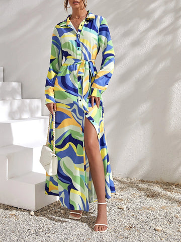 Allover Print Belted Shirt Dress Allover Print Belted Shirt Dress