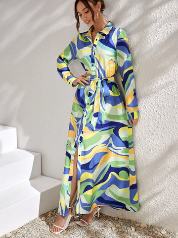 Allover Print Belted Shirt Dress Allover Print Belted Shirt Dress