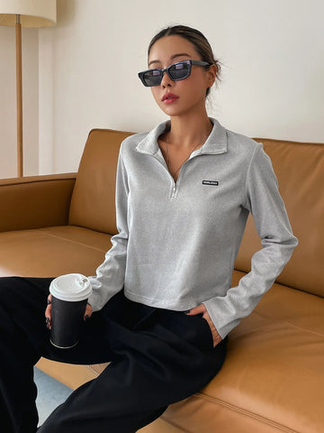 DAZY Letter Patched Detail Half Zip Tee DAZY Letter Patched Detail Half Zip Tee