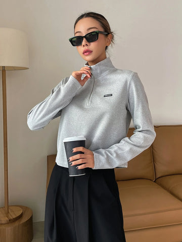 DAZY Letter Patched Detail Half Zip Tee DAZY Letter Patched Detail Half Zip Tee