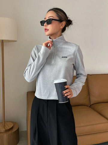 DAZY Letter Patched Detail Half Zip Tee DAZY Letter Patched Detail Half Zip Tee