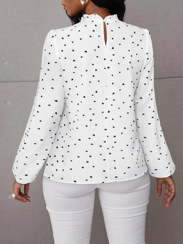 Confetti Heart Print Bishop Sleeve Frilled Neck Blouse Confetti Heart Print Bishop Sleeve Frilled Neck Blouse