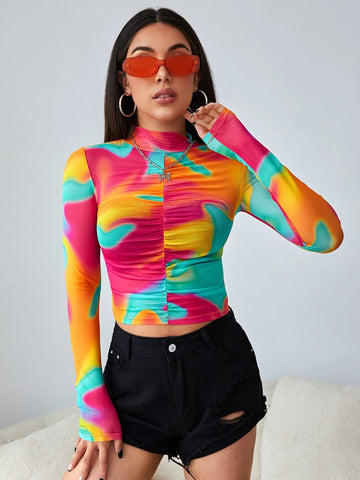 Tie Dye Colorblock Ruched Front Tee Tie Dye Colorblock Ruched Front Tee