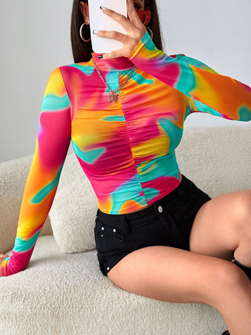 Tie Dye Colorblock Ruched Front Tee Tie Dye Colorblock Ruched Front Tee