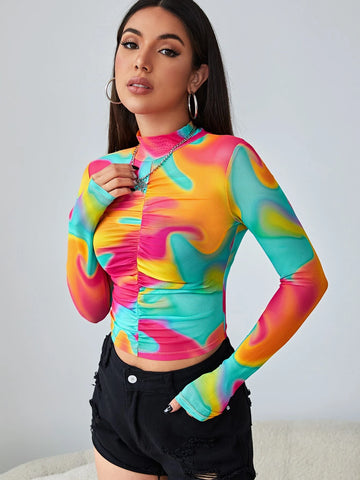 Tie Dye Colorblock Ruched Front Tee Tie Dye Colorblock Ruched Front Tee