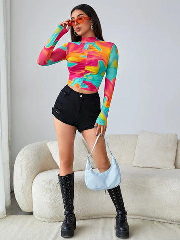 Tie Dye Colorblock Ruched Front Tee Tie Dye Colorblock Ruched Front Tee