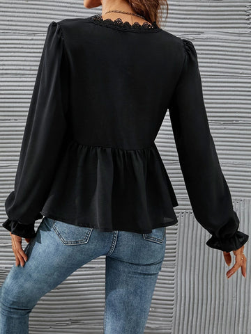 Guipure Lace Trim Flounce Sleeve Peplum Blouse Guipure Lace Trim Flounce Sleeve Peplum Blouse