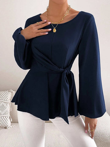 Lantern Sleeve Tie Front Peplum Blouse Lantern Sleeve Tie Front Peplum Blouse