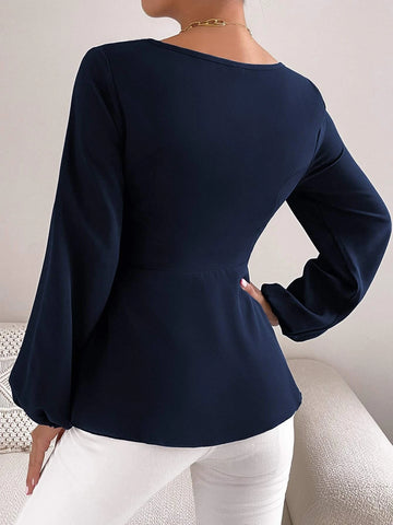 Lantern Sleeve Tie Front Peplum Blouse Lantern Sleeve Tie Front Peplum Blouse
