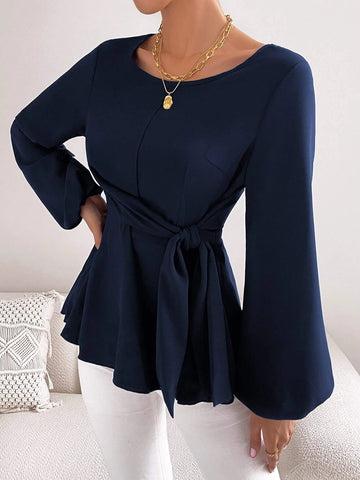 Lantern Sleeve Tie Front Peplum Blouse Lantern Sleeve Tie Front Peplum Blouse