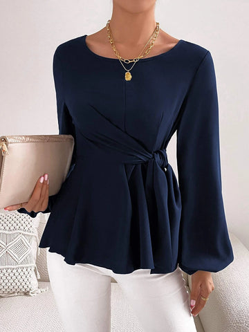 Lantern Sleeve Tie Front Peplum Blouse Lantern Sleeve Tie Front Peplum Blouse