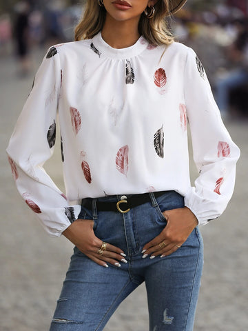 Feather Print Mock Neck Bishop Sleeve Blouse Feather Print Mock Neck Bishop Sleeve Blouse