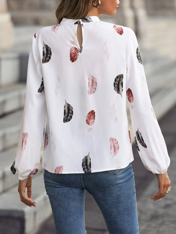 Feather Print Mock Neck Bishop Sleeve Blouse Feather Print Mock Neck Bishop Sleeve Blouse