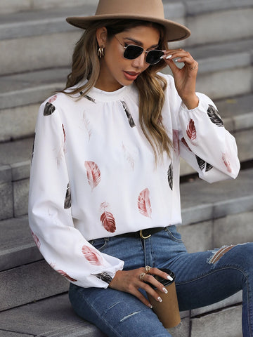 Feather Print Mock Neck Bishop Sleeve Blouse Feather Print Mock Neck Bishop Sleeve Blouse