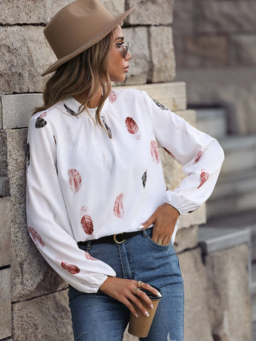 Feather Print Mock Neck Bishop Sleeve Blouse Feather Print Mock Neck Bishop Sleeve Blouse