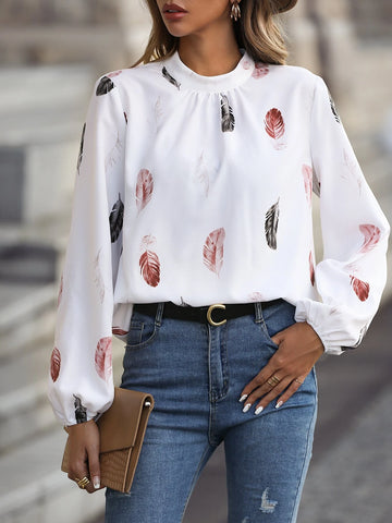 Feather Print Mock Neck Bishop Sleeve Blouse Feather Print Mock Neck Bishop Sleeve Blouse