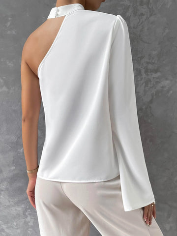 Unity Solid Asymmetrical Neck Cut Out Blouse Unity Solid Asymmetrical Neck Cut Out Blouse