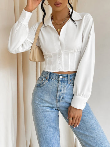 Solid Button Front Crop Shirt Solid Button Front Crop Shirt