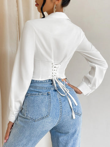 Solid Button Front Crop Shirt Solid Button Front Crop Shirt