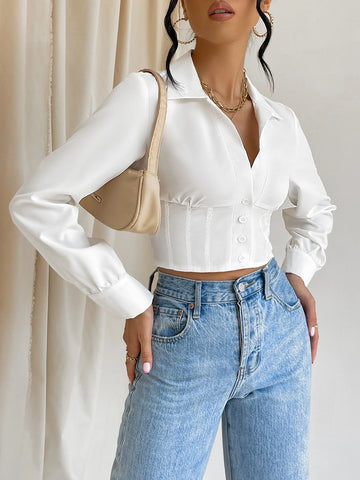 Solid Button Front Crop Shirt Solid Button Front Crop Shirt