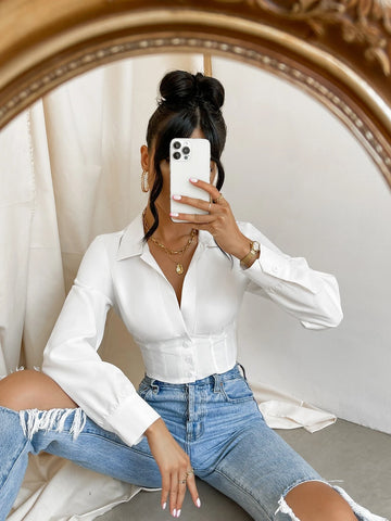 Solid Button Front Crop Shirt Solid Button Front Crop Shirt