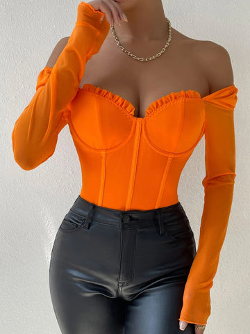 Sweetheart Neckline Frill Bustier Mesh Bodysuit Sweetheart Neckline Frill Bustier Mesh Bodysuit