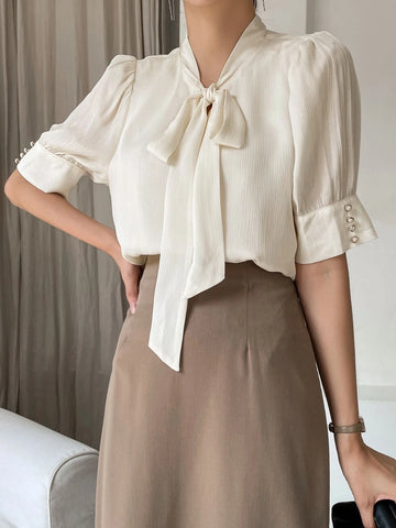 DAZY Tie Neck Puff Sleeve Blouse DAZY Tie Neck Puff Sleeve Blouse