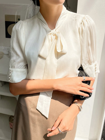 DAZY Tie Neck Puff Sleeve Blouse DAZY Tie Neck Puff Sleeve Blouse