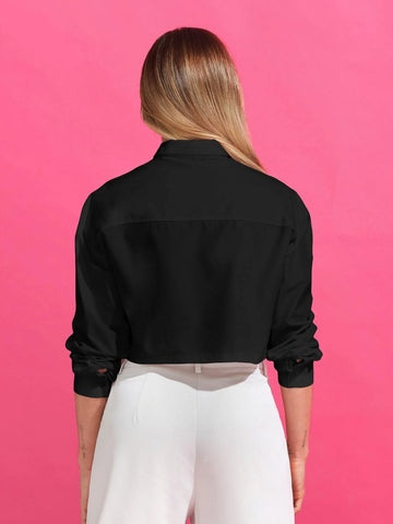 Solid Button Front Pocket Patched Crop Shirt Solid Button Front Pocket Patched Crop Shirt